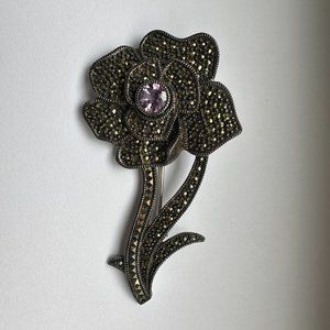 Judith Jack marcasite and sterling brooch with amethyst center. Vintage.